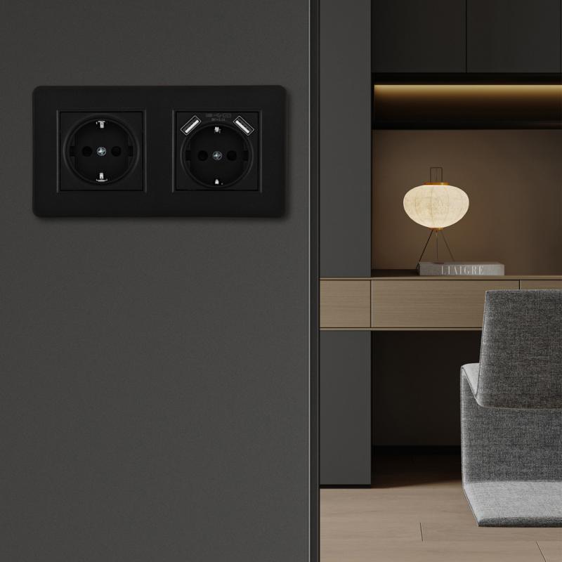 Розетка двойная (двухпостовая) с/з и шторками + USB Arte Milano SET16-2-47-1-40-1 black