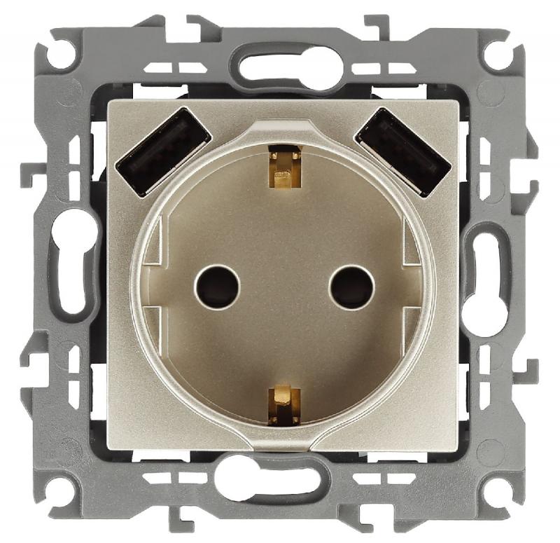 Розетка 2P+E со шторками и 2xUSB Эра 12-4109-04 Б0047843